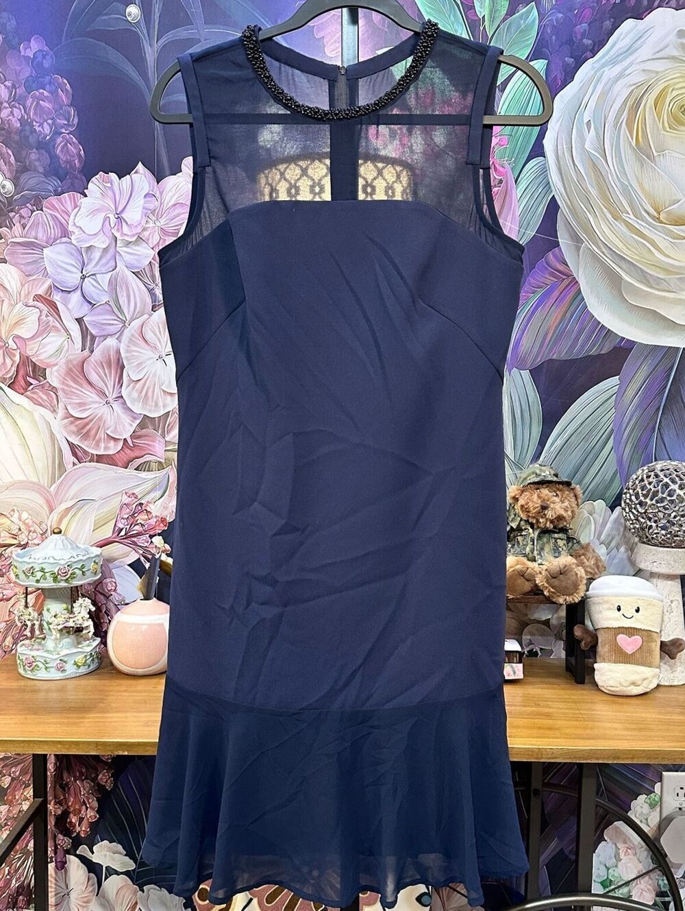 Marc New York by Andrew Marc 4 Dress Glam Dark Feminine Sheer Mesh Beaded Navy